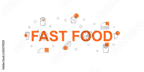 Fast food vector banner. Word with line icon. Vector background