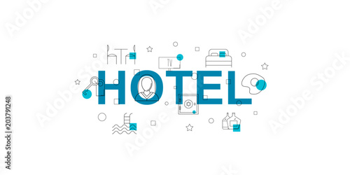 Hotel vector banner. Word with line icon. Vector background