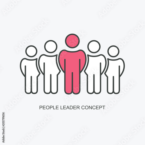 Sketch of working little people and leader with flag. Doodle cute concept about teamwork about leadership. Hand drawn cartoon vector icon for business design. graphic illustration, EPS10.