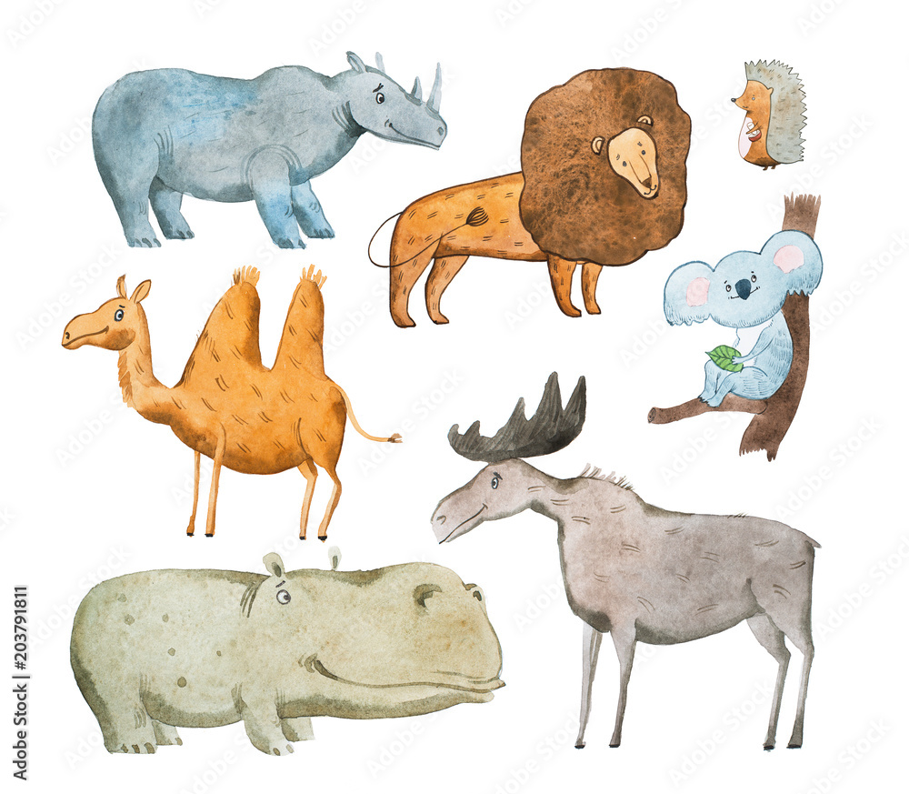 Fototapeta premium Watercolor illustration of animals hand drawn aquarelle.