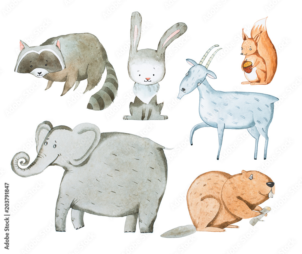 Naklejka premium Watercolor illustration of animals hand drawn aquarelle.
