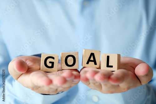 Goal, business word on wooden cubes in man hands, success in business concept