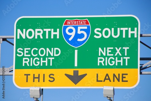 I-95 North South Second Right Next Right This Lane Green Yellow and Blue Sign in a Sunny Late Afternoon with Blue Sky