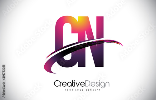 CN C N Purple Letter Logo with Swoosh Design. Creative Magenta Modern Letters Vector Logo.