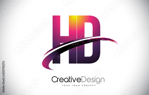 HD H D Purple Letter Logo with Swoosh Design. Creative Magenta Modern Letters Vector Logo.