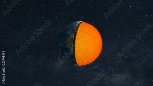 Core of the Earth with inner geological structure and layers of the planet in 3d animation.