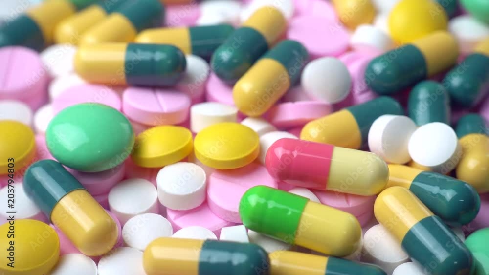 Rotating of many different drugs, close-up, 4K Rotating of many different drugs, close-up, 4K