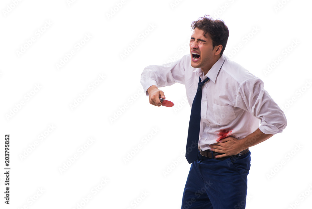 Wounded businessman with blood stains isolated on white backgrou Wounded businessman with blood stains isolated on white backgrou