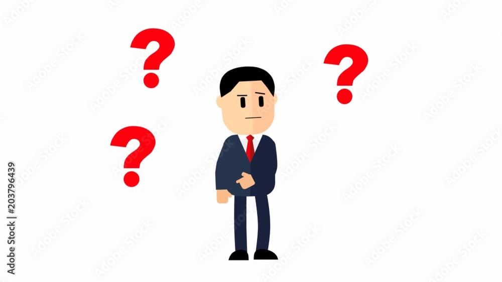 Cartoon businessman. Question marks over the head man in a business suit. footage Cartoon businessman. Question marks over the head man in a business suit. footage