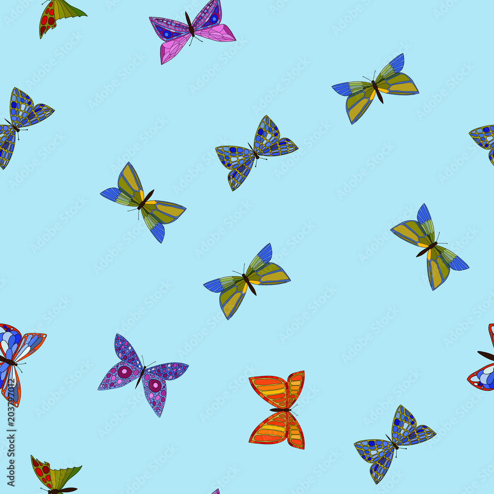 Naklejka premium abstract vector colorful doodle butterflies seamless pattern