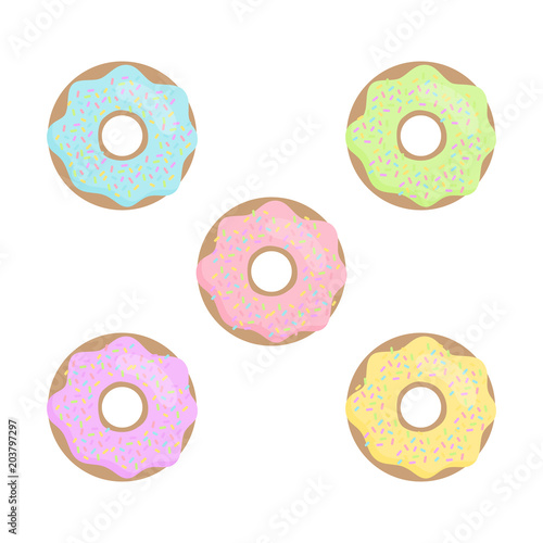 Colorful, pastel cute vector doughnut illustration. Set of five iced and sprinkled donuts.