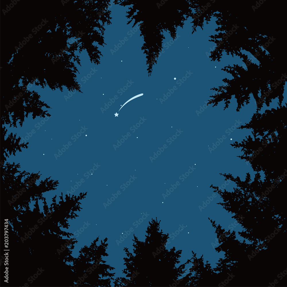 vector night sky with stars and dark forest trees Stock Vector | Adobe ...