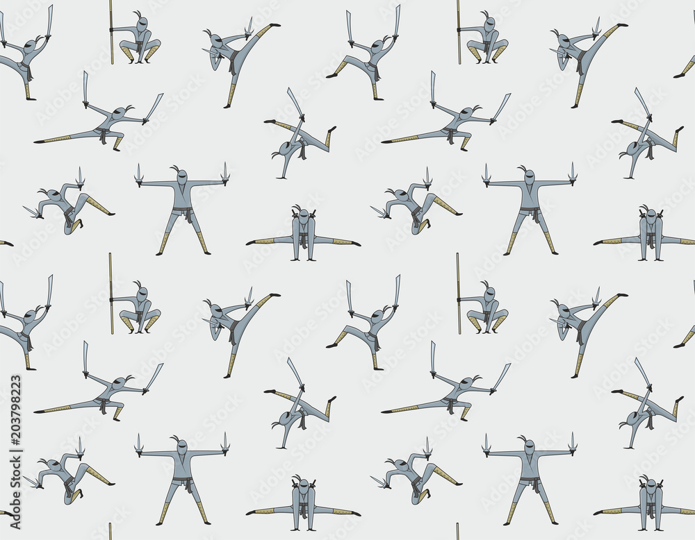 Seamless pattern of ninja isolated on gray background