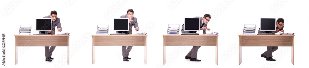 Businessman hiding in the office isolated on white Businessman hiding in the office isolated on white