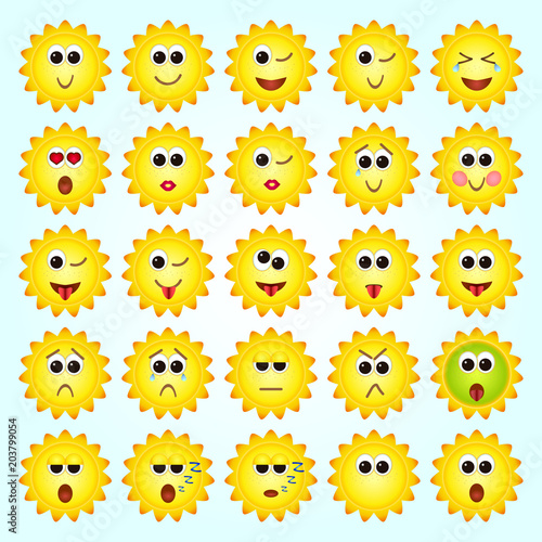 Set of Sun, Sunflowers Emoticons. Set of Emoji.