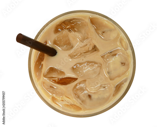 Top view of coffee latte cappuccino with ice in glass isolated on white background, clipping path included