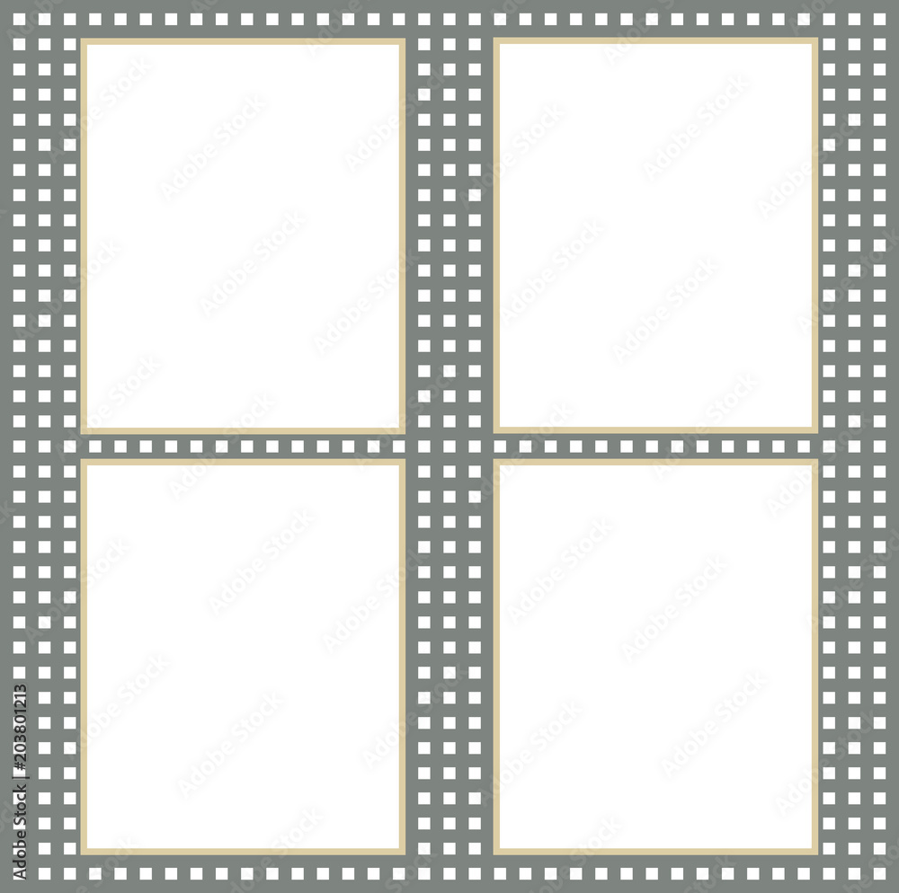 Four white paper sheets with blank space for text on grid background.