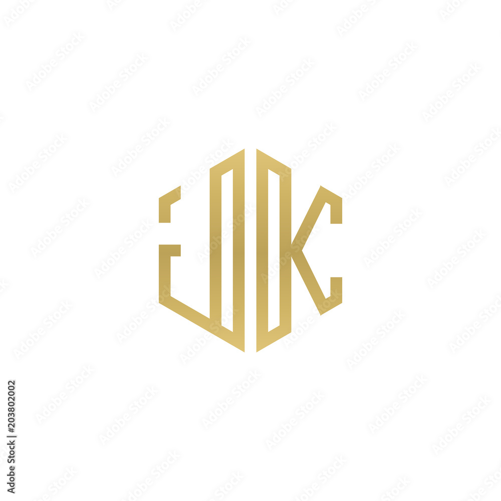 Initial letter JK, minimalist line art hexagon shape logo, gold color Initial letter JK, minimalist line art hexagon shape logo, gold color