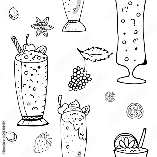 Seamless pattern with cold summer drinks. Black and white contour monochrome.