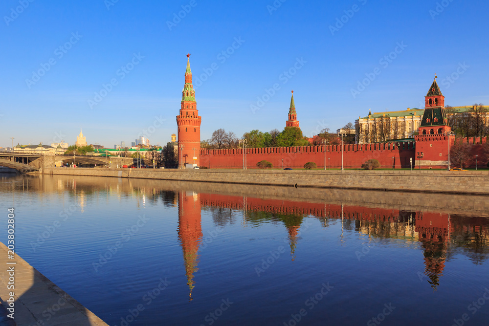 View of Moskva river and Moscow Kremlin on a sunny spring morning