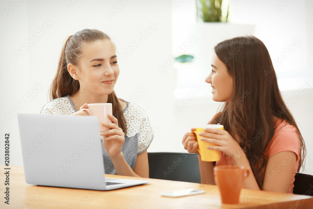 Cute teenage girls with laptop resting in cafe Cute teenage girls with laptop resting in cafe