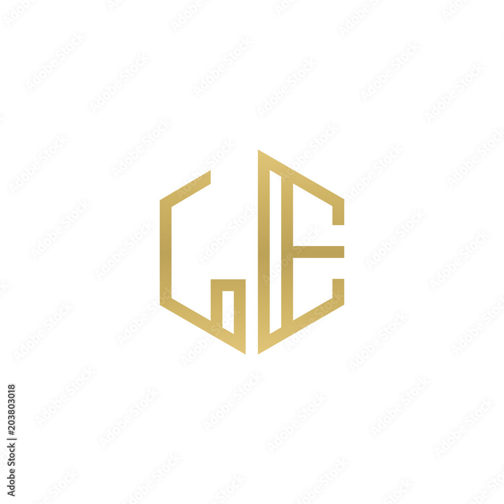 Initial letter LE, minimalist line art hexagon shape logo, gold color Initial letter LE, minimalist line art hexagon shape logo, gold color