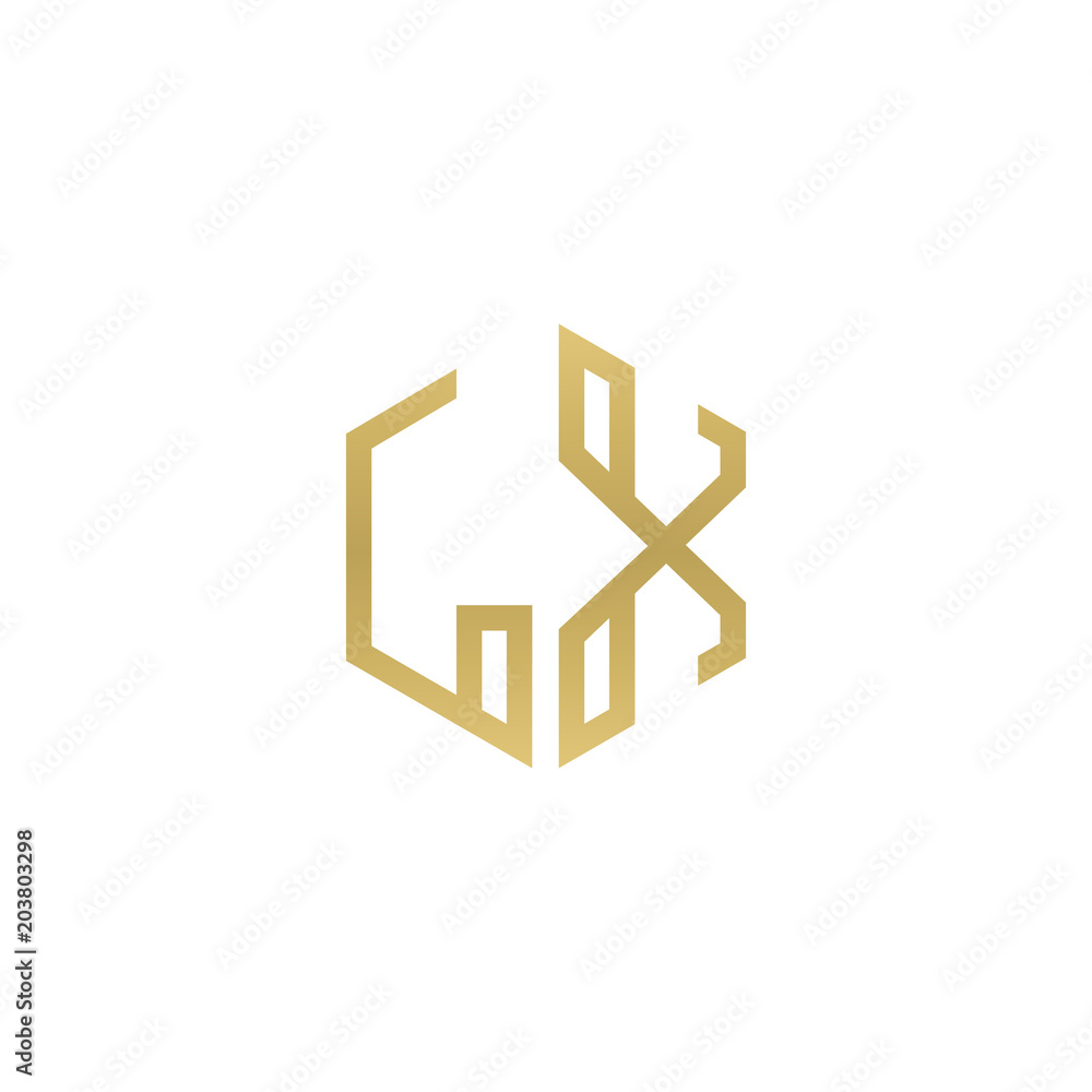 Initial letter LX, minimalist line art hexagon shape logo, gold color Initial letter LX, minimalist line art hexagon shape logo, gold color