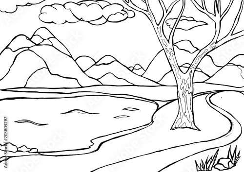 Contour drawing of landscape with mountains, lake and tree