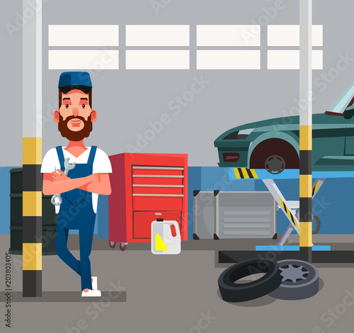 Auto mechanic man worker holding wrench. Car repair diagnostics service garage. Vector flat graphic design cartoon isolated illustration