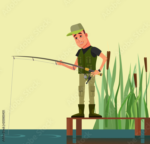 Happy smiling man character fishing. Vector flat cartoon illustration