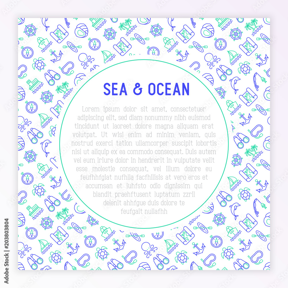 Sea and ocean journey concept with thin line icons: sailboat, fishing, ship, oysters, anchor, octopus, compass, steering wheel, snorkel. Modern vector illustration for banner, print media template. Sea and ocean journey concept with thin line icons: sailboat, fishing, ship, oysters, anchor, octopus, compass, steering wheel, snorkel. Modern vector illustration for banner, print media template.
