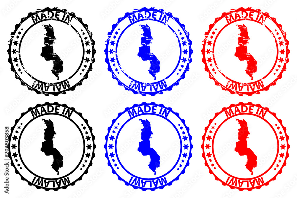Made in Malawi - rubber stamp - vector, Malawi map pattern - black, blue and red Made in Malawi - rubber stamp - vector, Malawi map pattern - black, blue and red