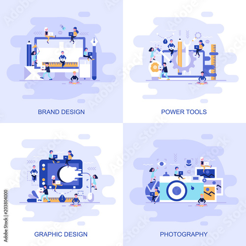 Modern flat concept web banner of Photography, Graphic Design, Power Tools and Brand Design with decorated small people character.