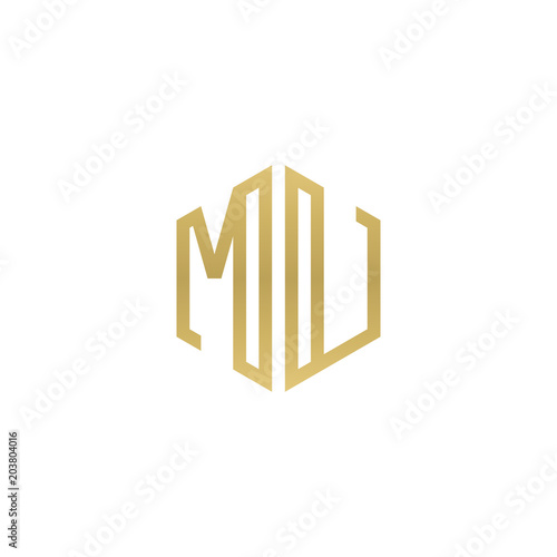 Initial letter MU, minimalist line art hexagon shape logo, gold color