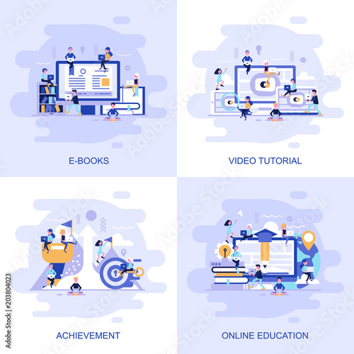 Modern flat concept web banner of Video Tutorial, Achievement, Online Education and E Books with decorated small people character.