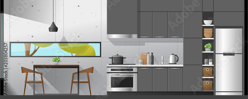 House interior section background including dining room and kitchen , vector , illustration