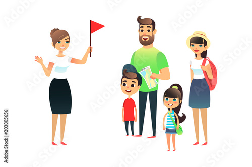 The guide tells the travelers about the sights. A group of tourists listens to a woman guide. Happy family with a map and things listening to a story about the city. Flat vector traveling concept