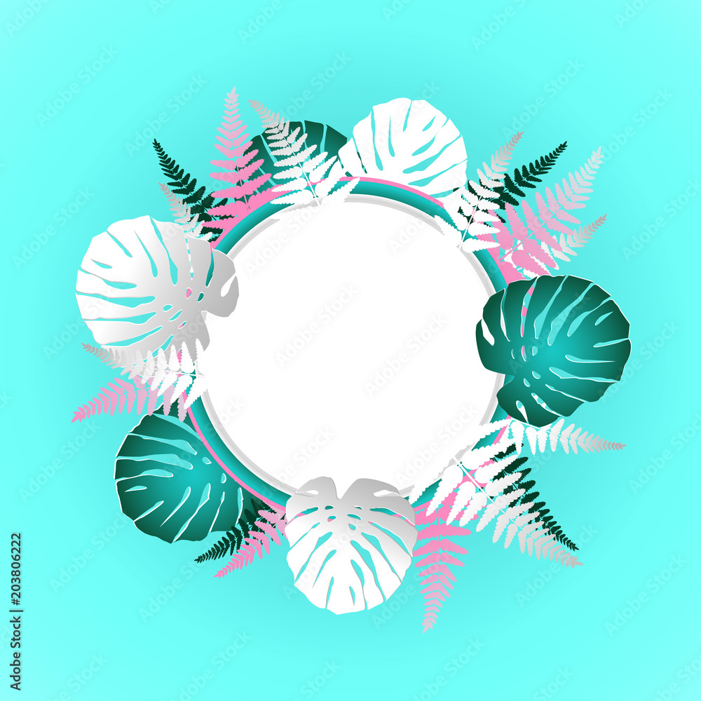 Tropical banner with green leaves on white background. Poster in trendy paper cut style. Design template for print or web. Vector illustration.