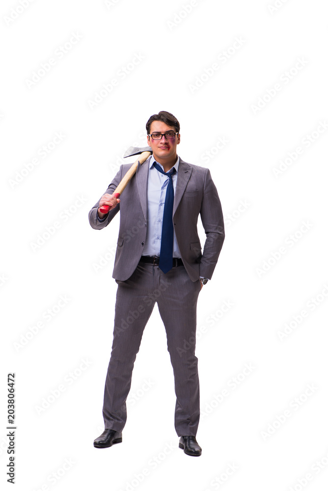 Fototapeta premium Angry businessman with axe isolated on white