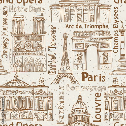 Paris landmarks seamless vector pattern. Hand drawn  Eiffel Tower, Notre de Paris, Arc de Triomphe,  Grand Opera, Pantheon