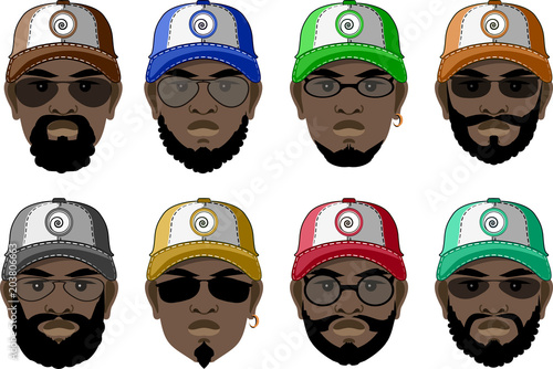 Set of black men's faces in colored caps and sunglasses. Vector illustration.
