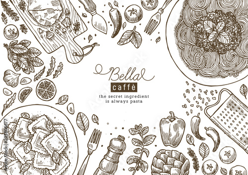 Italian cuisine top view illustration. Spagetti and ravioli table background. Engraved style illustration. Hero image. Vector illustration