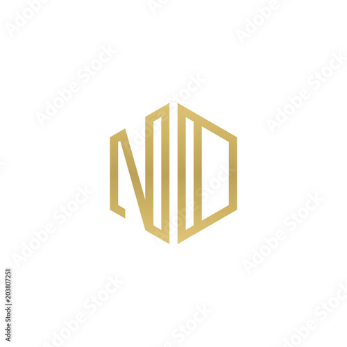 Initial letter ND, NO, minimalist line art hexagon shape logo, gold color