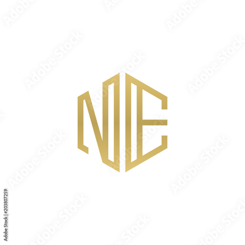 Initial letter NE, minimalist line art hexagon shape logo, gold color