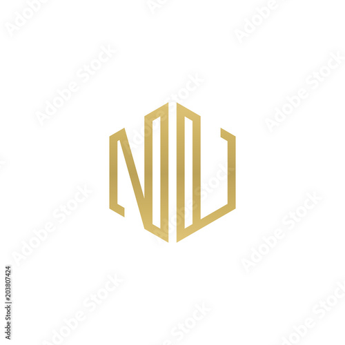 Initial letter NU, minimalist line art hexagon shape logo, gold color