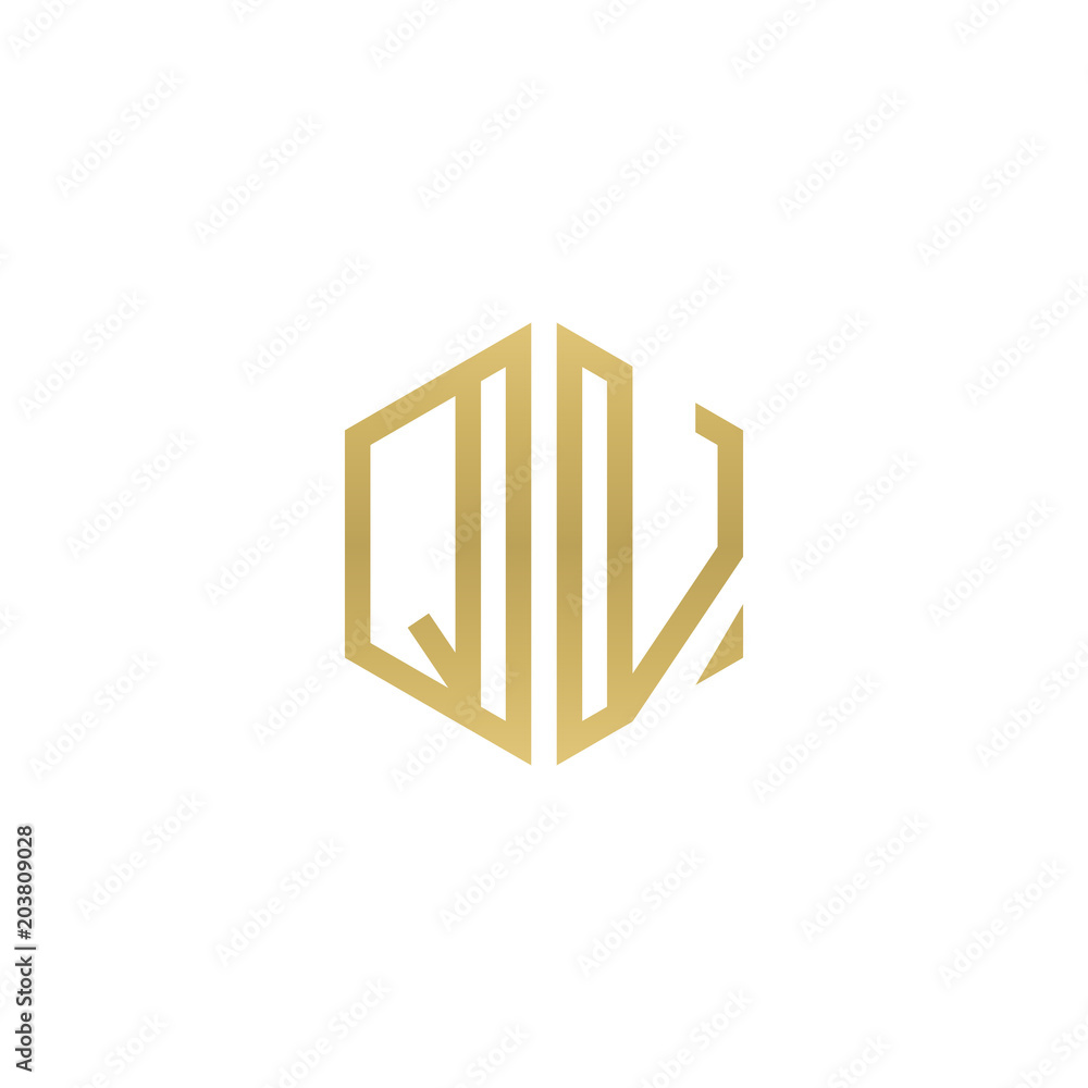 Initial letter QV, minimalist line art hexagon shape logo, gold color Initial letter QV, minimalist line art hexagon shape logo, gold color