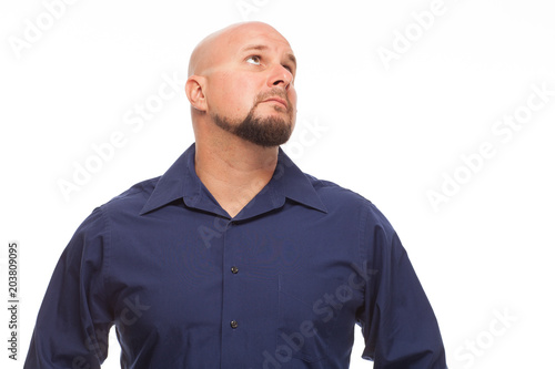 Man looking up on white background.