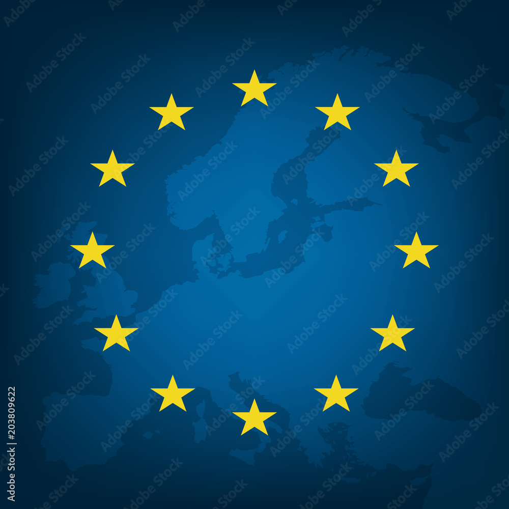 Flag of European Union and map of Europe background. Eu sign. Vector illustration Flag of European Union and map of Europe background. Eu sign. Vector illustration