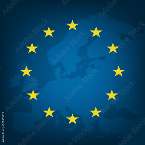 Flag of European Union and map of Europe background. Eu sign. Vector illustration