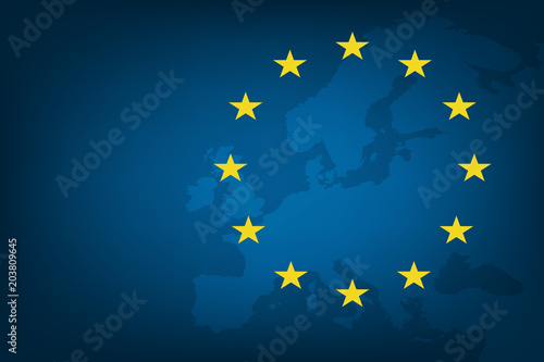 Flag of European Union and map of Europe background. Eu sign. Vector illustration
